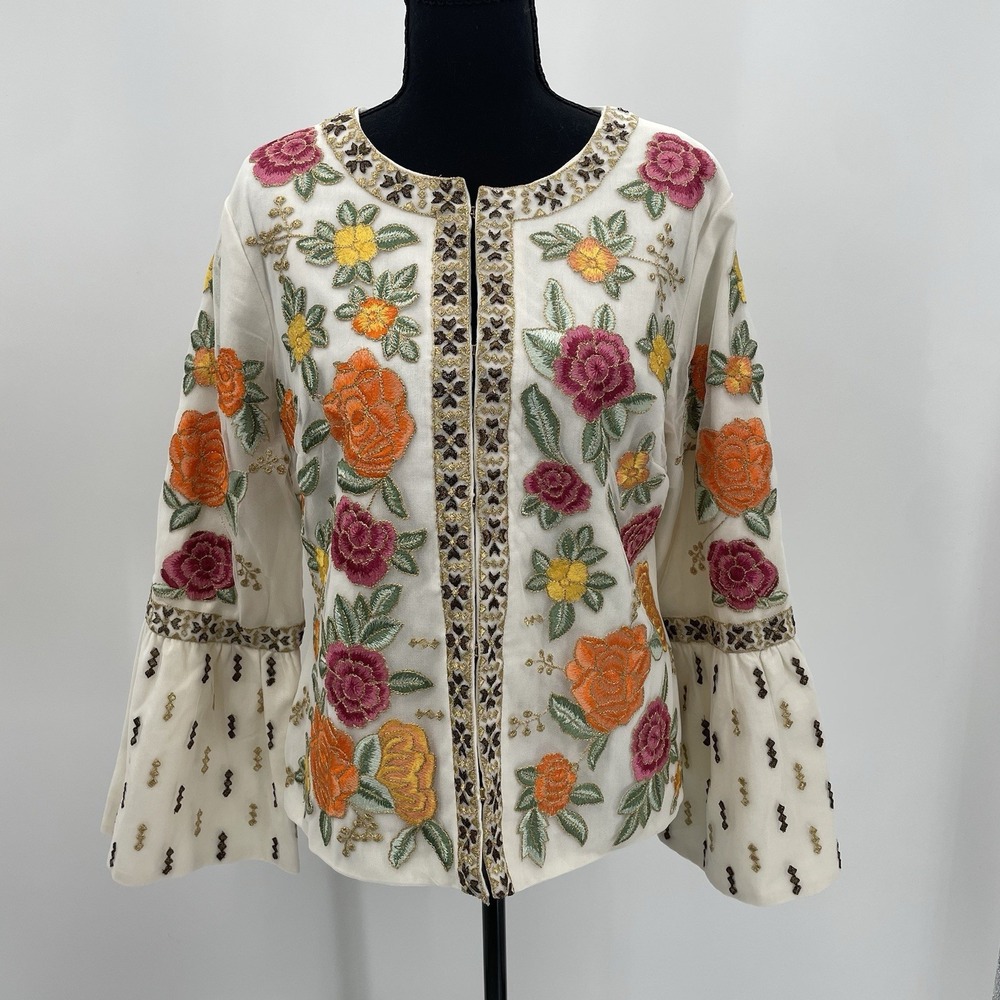 Boston Proper Jacket Womens M Floral Embroidered Metallic‎ Trim Bell Sleeve Boho